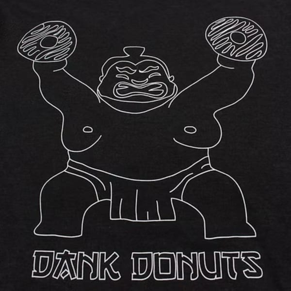 White line art of a sumo wrestler holding up two Dank Donuts on a black background.
