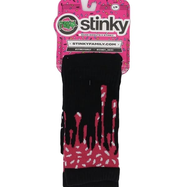 Dank Donuts x Stinky socks, black with pink dripping glaze and white sprinkles, on a pink hanger.