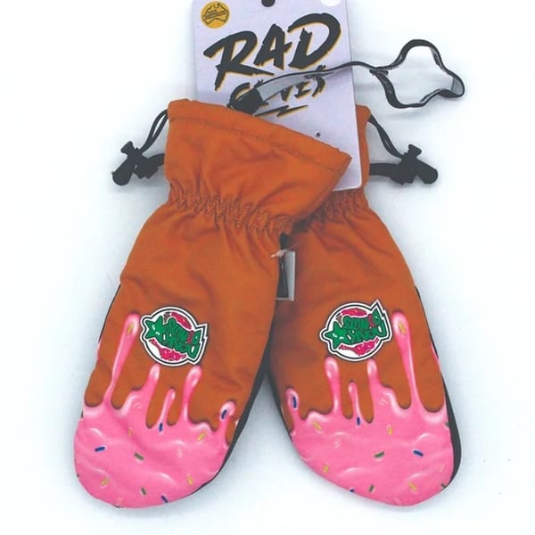 Orange Dank Donuts mittens with pink frosting and sprinkles design, and the Dank Donuts logo.