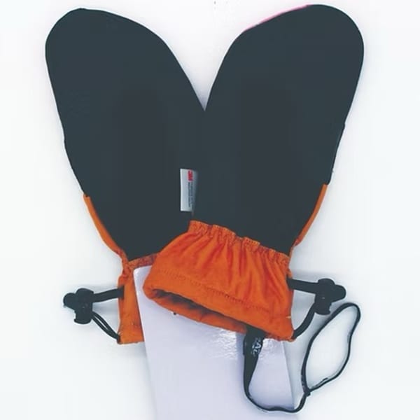 Pair of black and orange mittens with drawstrings on a white background.